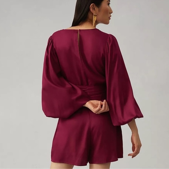 Anthropologie Farm Rio Bell Sleeve Romper V-neck Belt Beads Tassels Plum M NWT - Picture 6 of 7